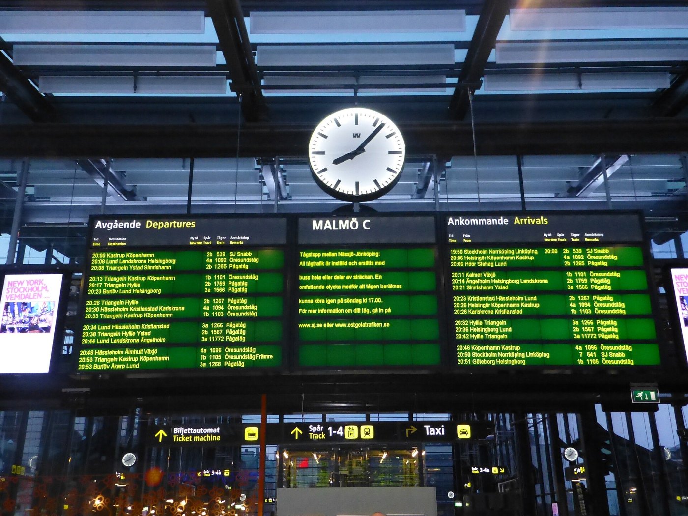 Information board at Malmö Centralstation Departures and arrivals