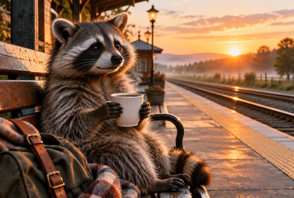 Waschbär trinkt am Fenster im Morgenlicht ein Glas Wasser