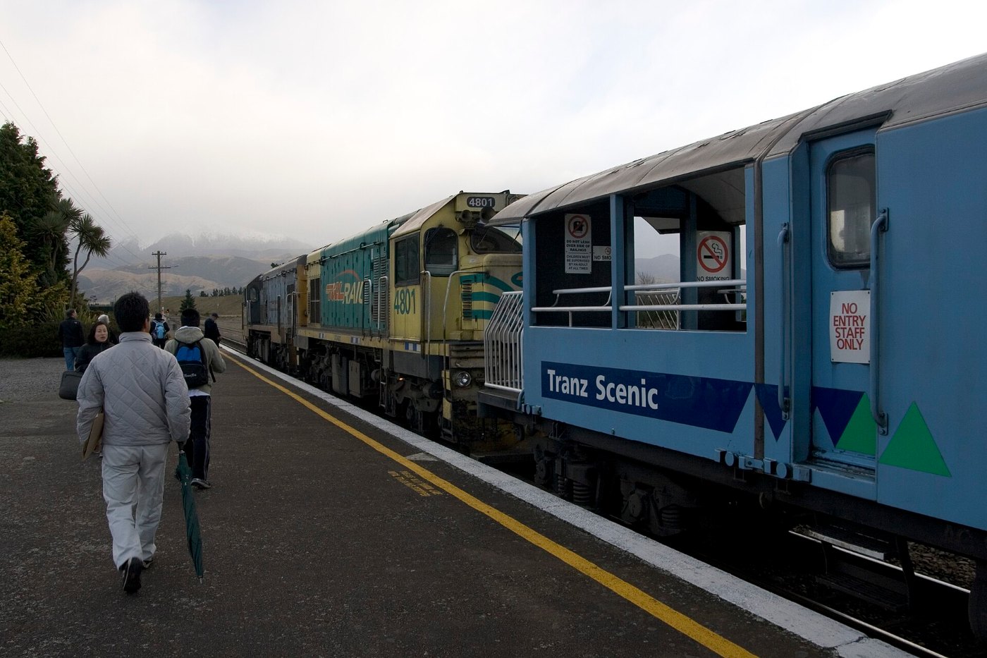 Locomotive and open viewing platform of TranzAlpine train