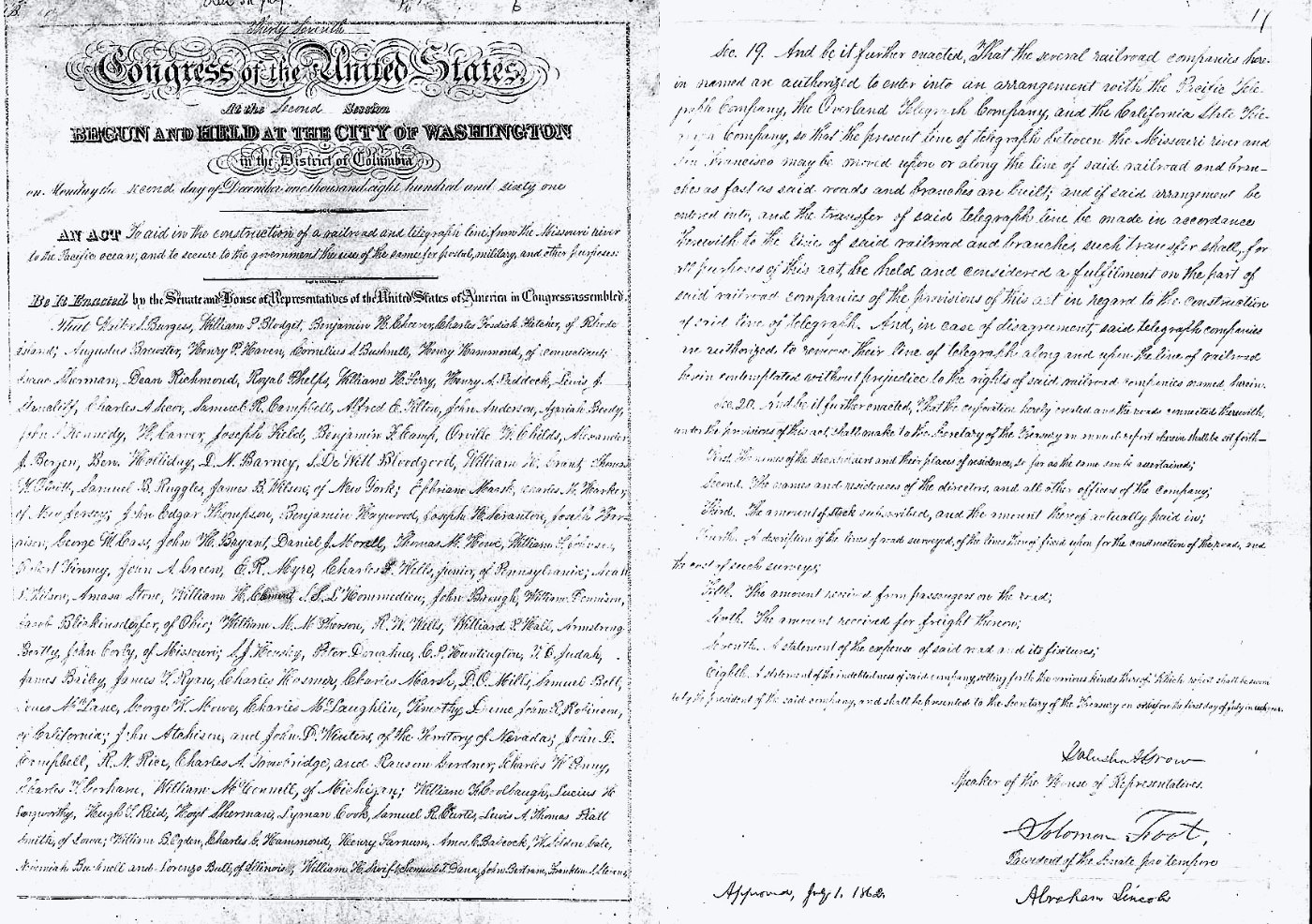 Pacific Railroad Act of 1862 Original Manuscript