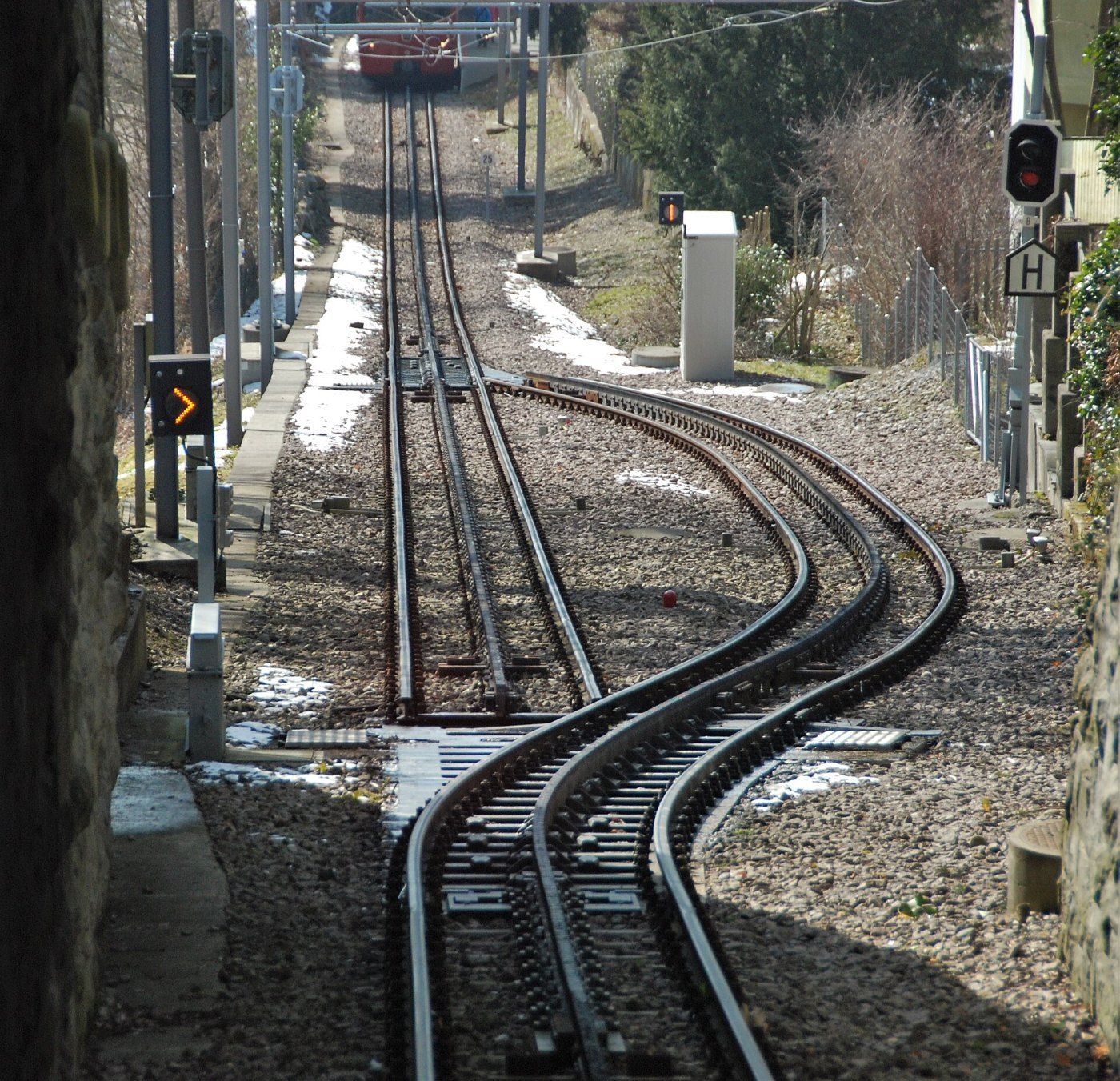 Zahnradbahn mit sichtbarer Zahnstange zwischen den Schienen.