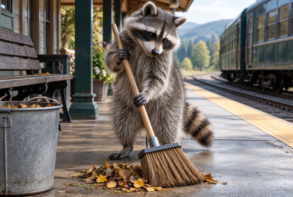 Waschbär stellt zufrieden ein letztes Buch ins ordentliche Regal