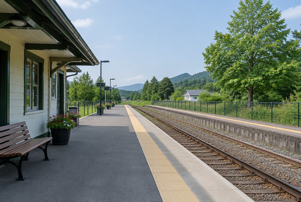 Waschbär in einer aufgeräumten, hellen Bahnhofshalle