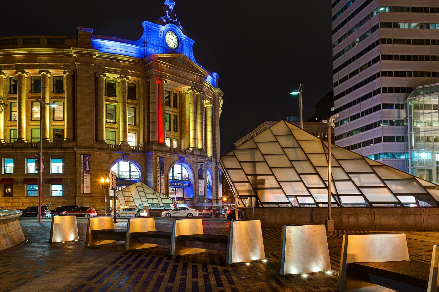 South Station and subway headhouse at night, November 2014