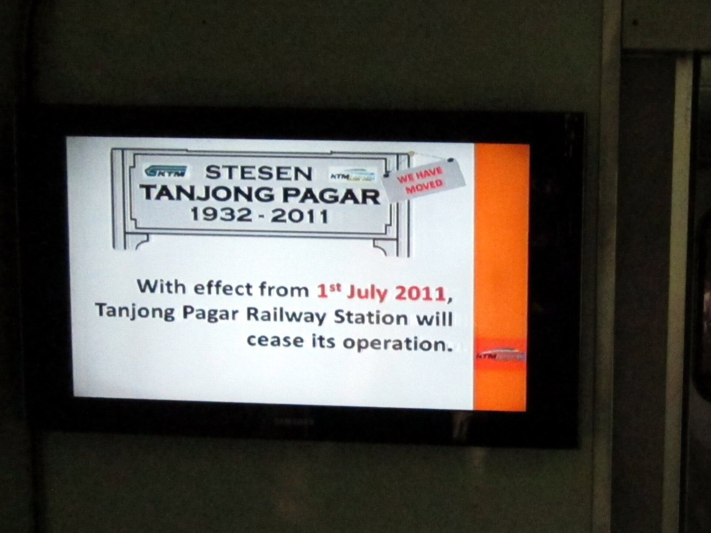 Tanjong Pagar Railway Station notice of cessation of operations on board