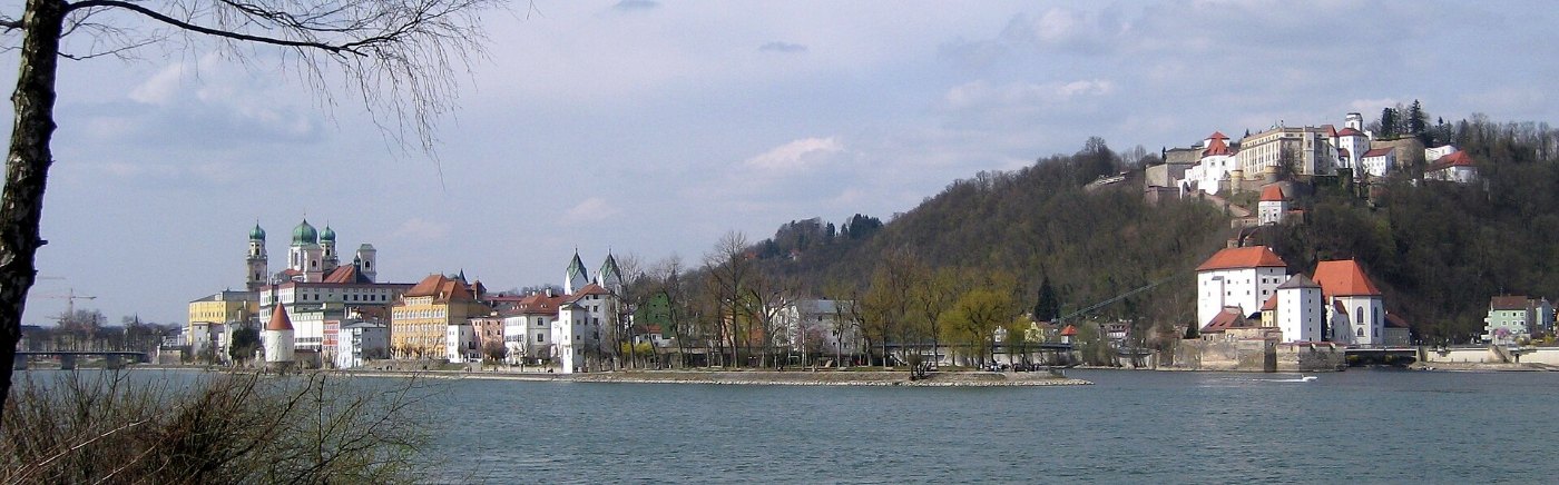 Das Dreiflüsseeck in Passau, wo Donau, Inn und Ilz zusammenfließen
