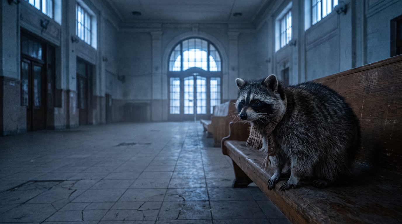Waschb&auml;r z&ouml;gert vor einer T&uuml;r