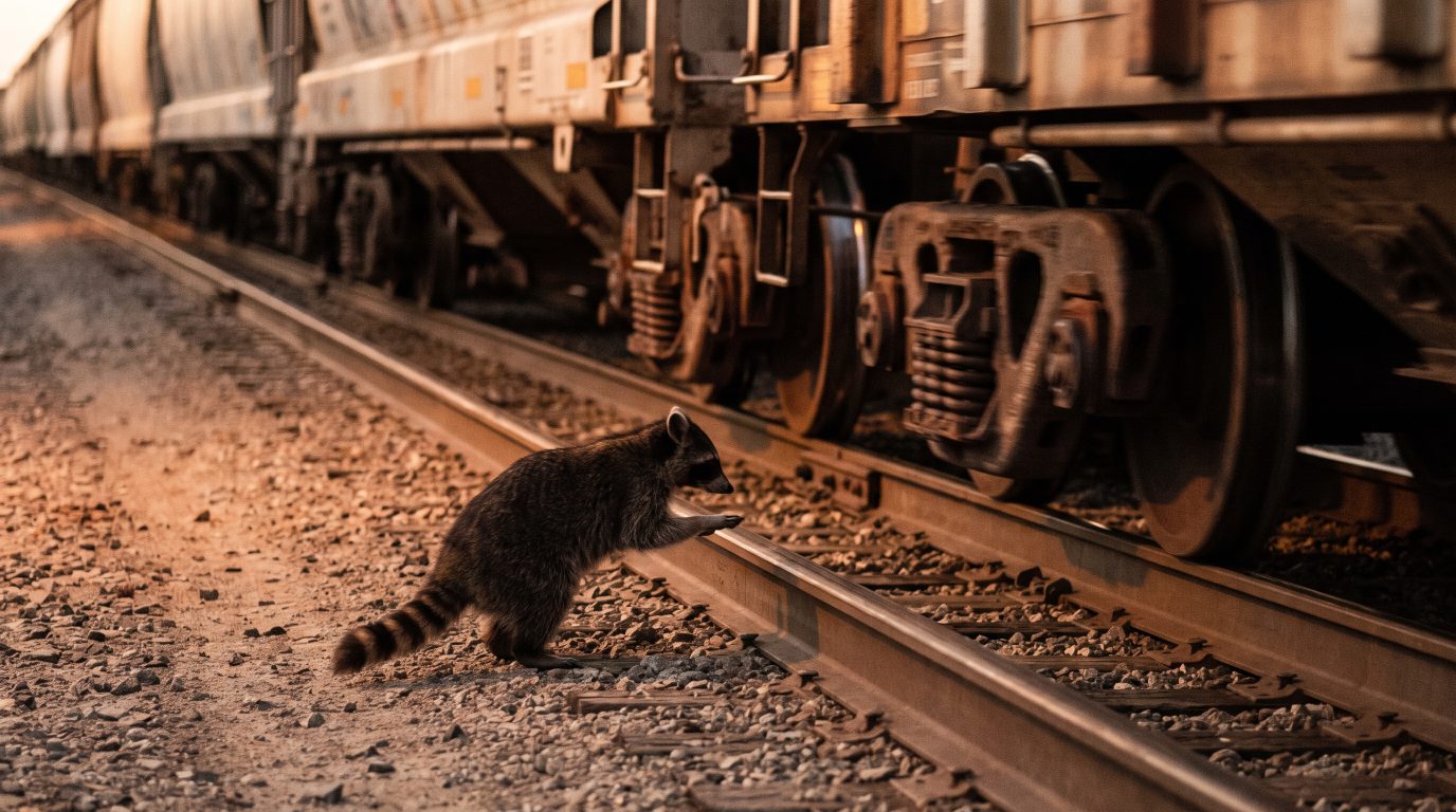 Waschbär im Takt neben den Rädern eines Zuges