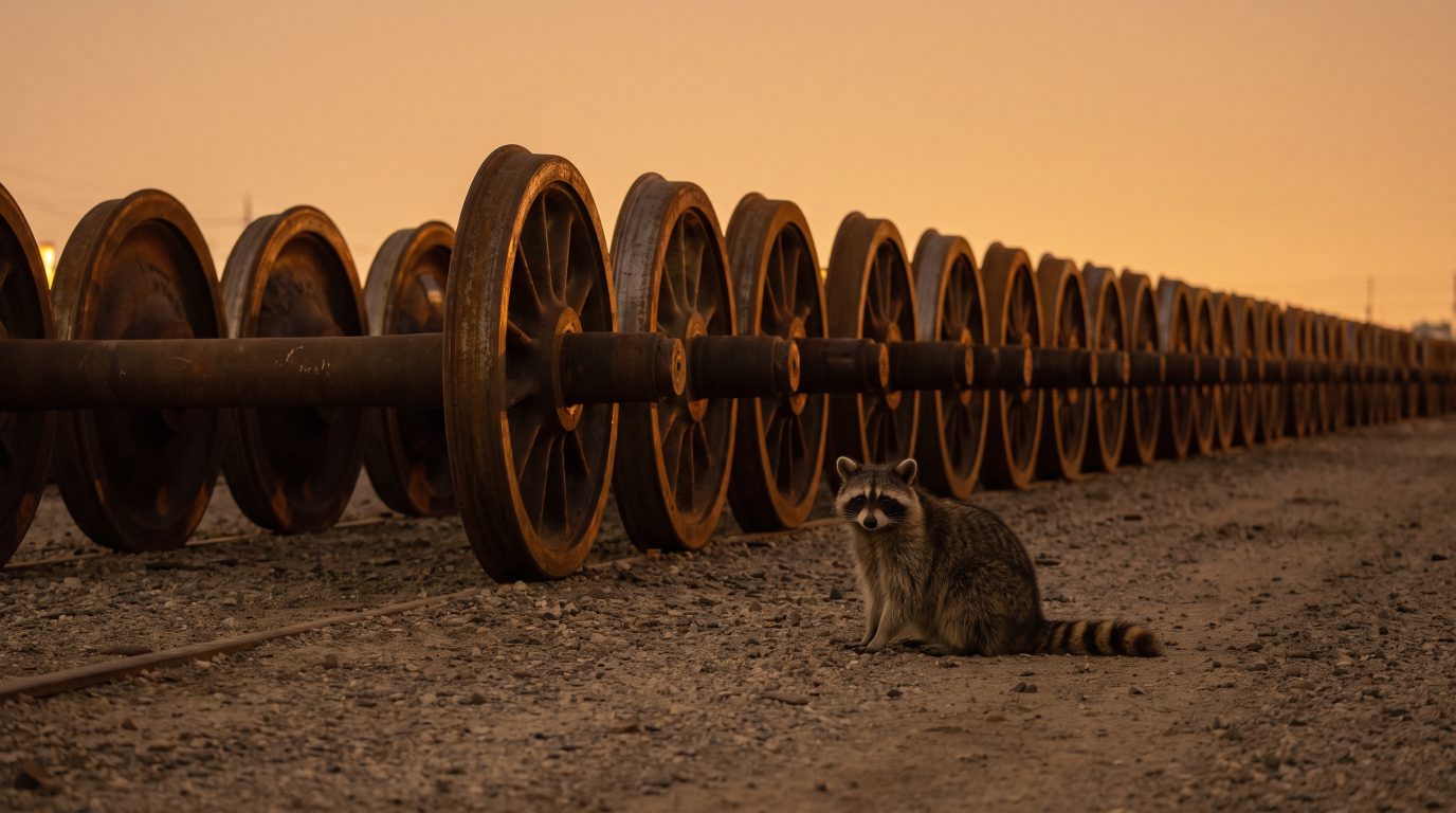 Waschbär neben einer langen Reihe gleicher Zugräder