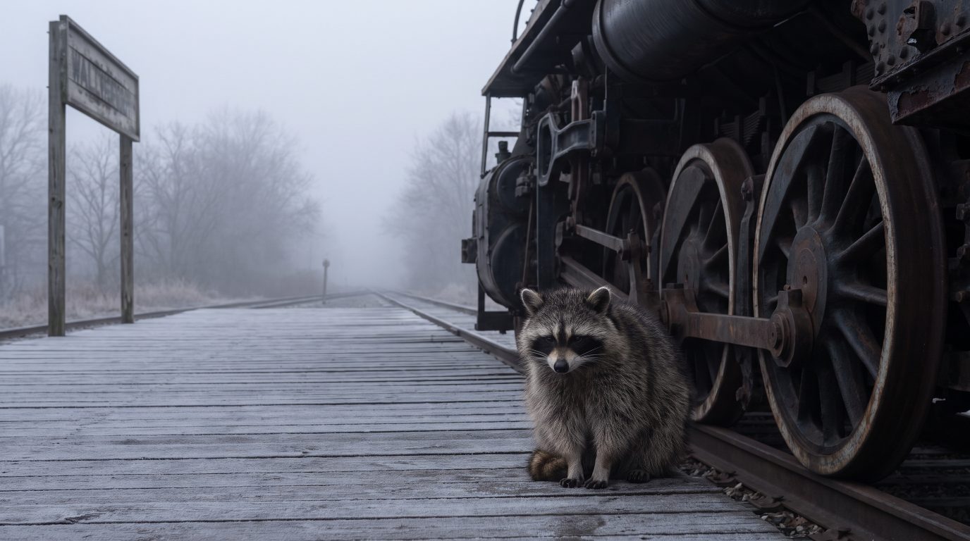 Dichter Nebel liegt &uuml;ber leeren Bahngleisen