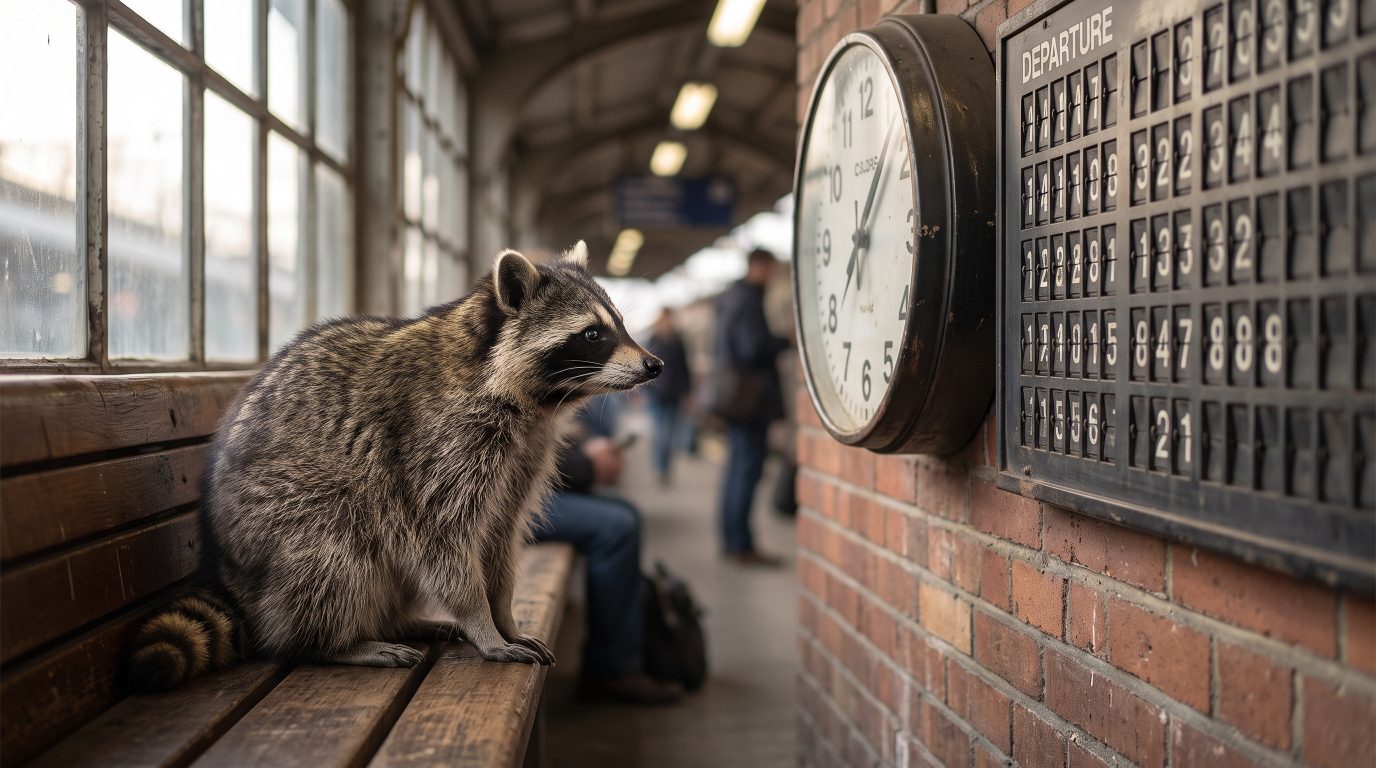 Waschb&auml;r legt ein Gleis in die Landschaft