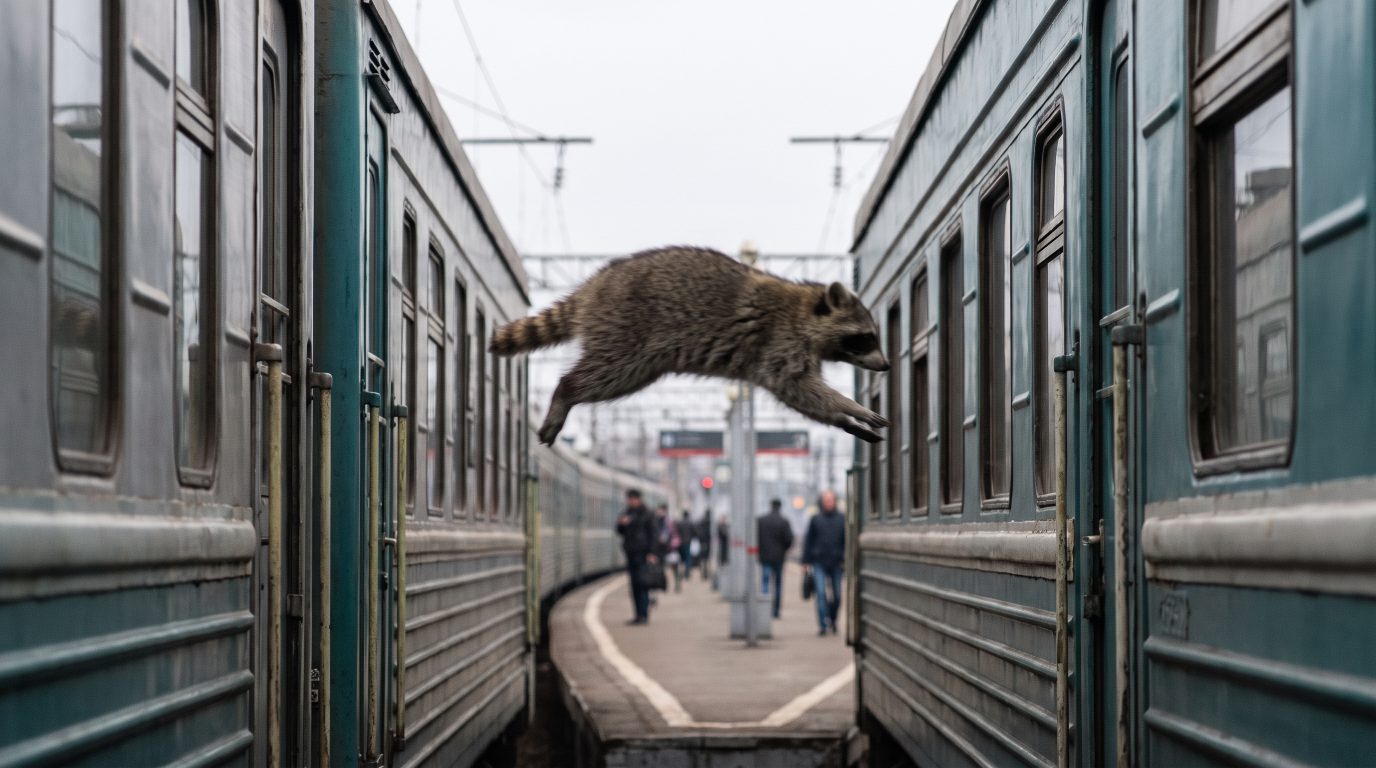 Waschbär springt über die Lücke zwischen zwei Waggons