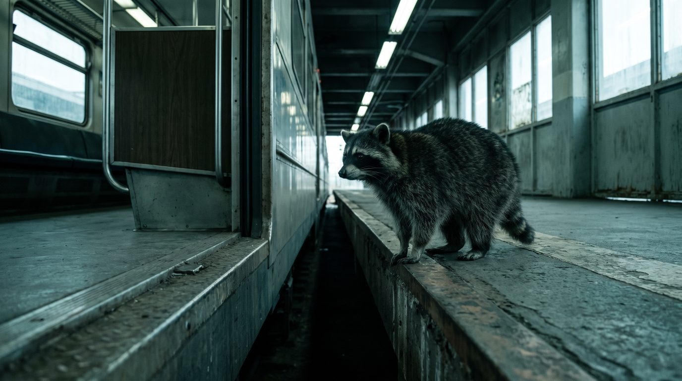 Waschbär am Bahnsteigrand blickt auf die Lücke zum nächsten Waggon
