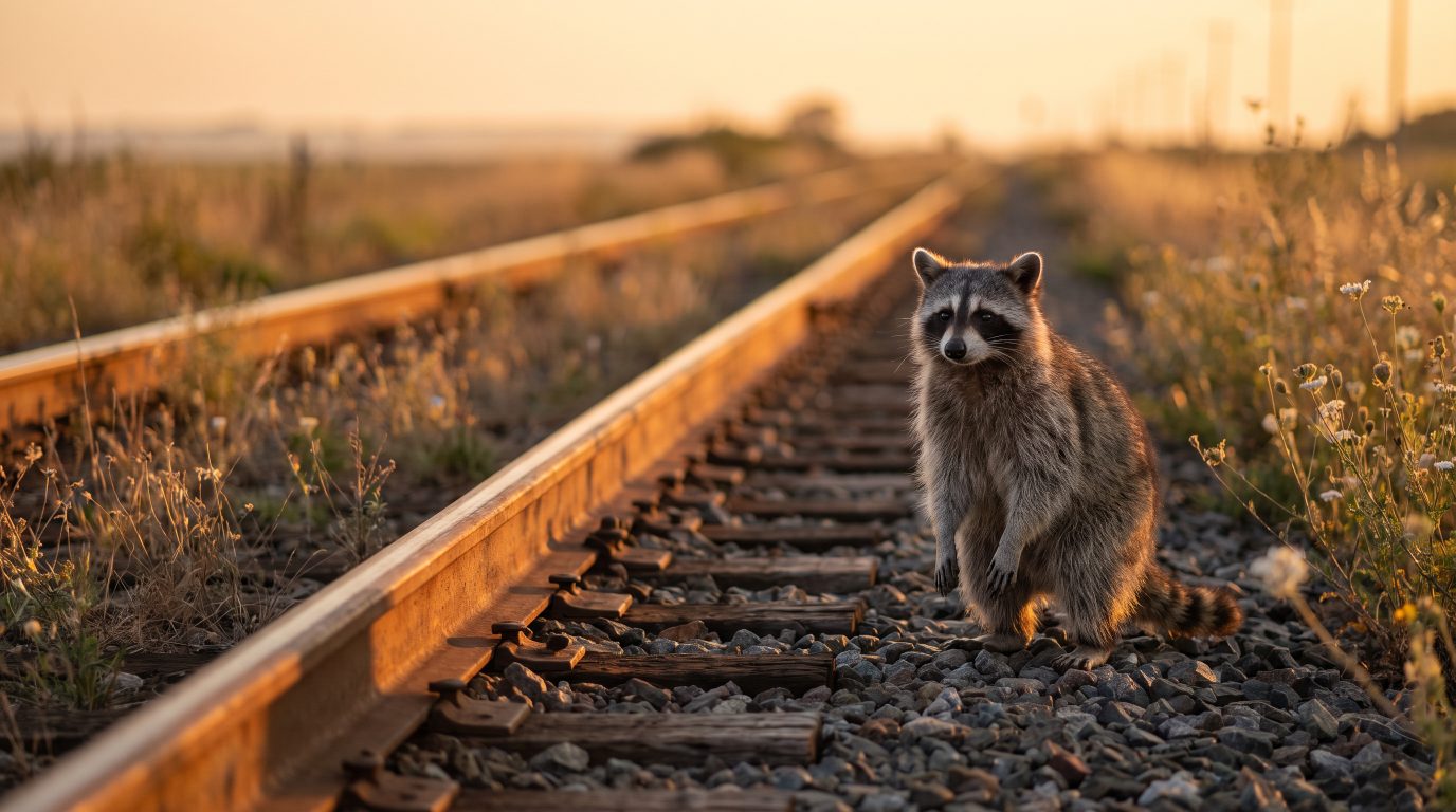 Waschb&auml;r geht einen schmalen Trampelpfad durch hohes Gras