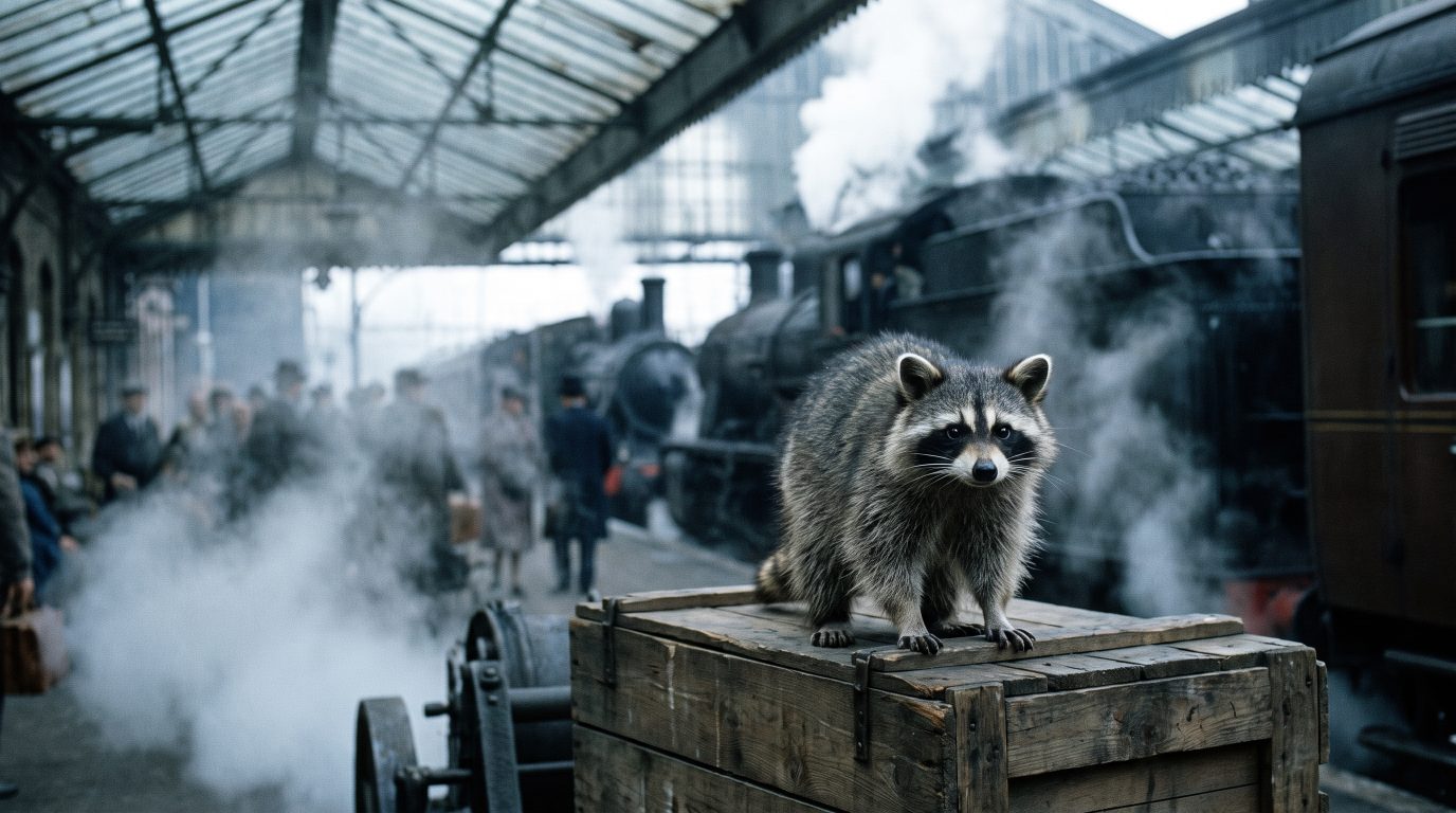 Waschbär lauscht den Geräuschen eines Bahnhofs