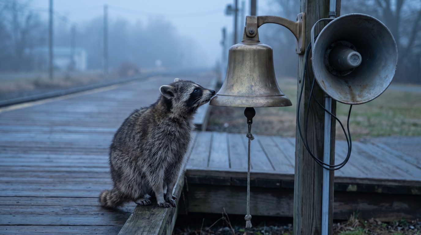 Waschbär neben Bahnhofsglocke und Lautsprecher