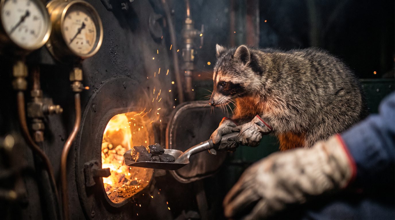 Waschb&auml;r heizt die kalte Lok mit erster Kohle an