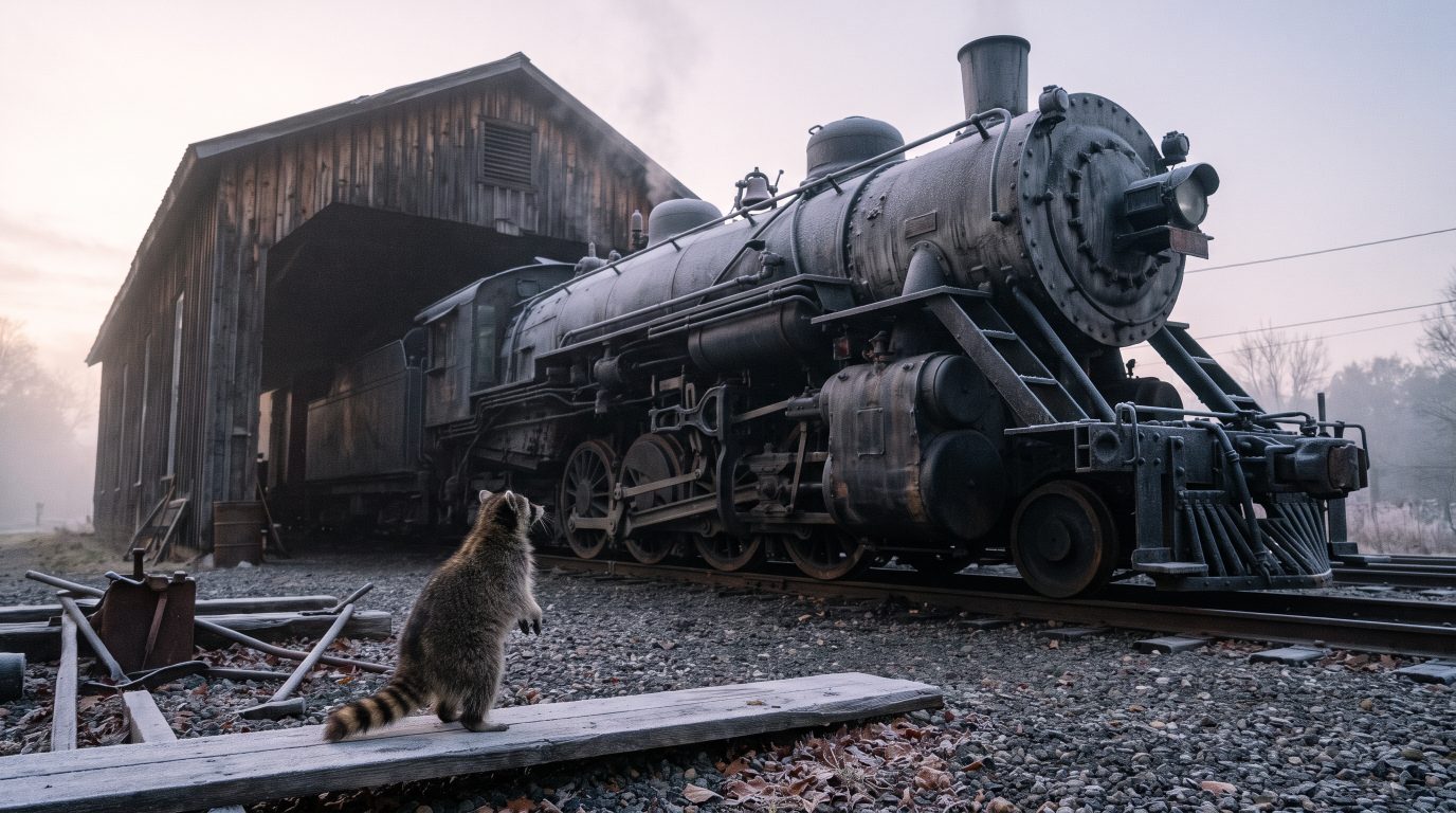 Waschb&auml;r schaufelt Kohle, die Lok nimmt Fahrt auf