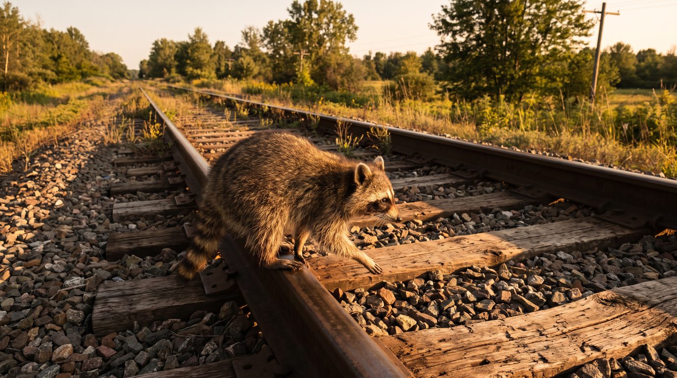 Waschbär geht im Takt über gleichmäßig verlegte Bahnschwellen