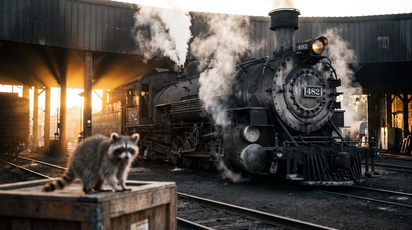 Reisender wartet gelassen, der versp&auml;tete Zug l&auml;uft ein
