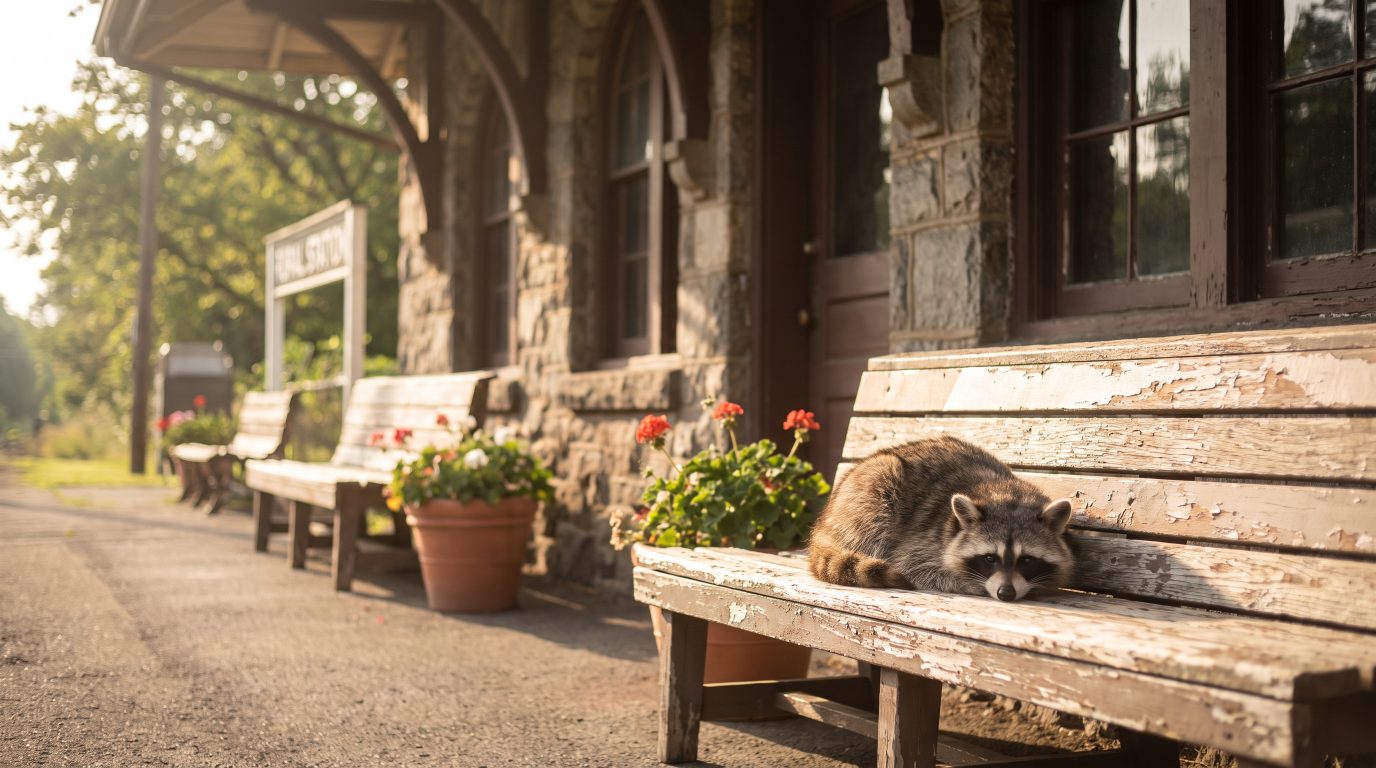 Waschb&auml;r wartet allein auf einem leeren Bahnsteig