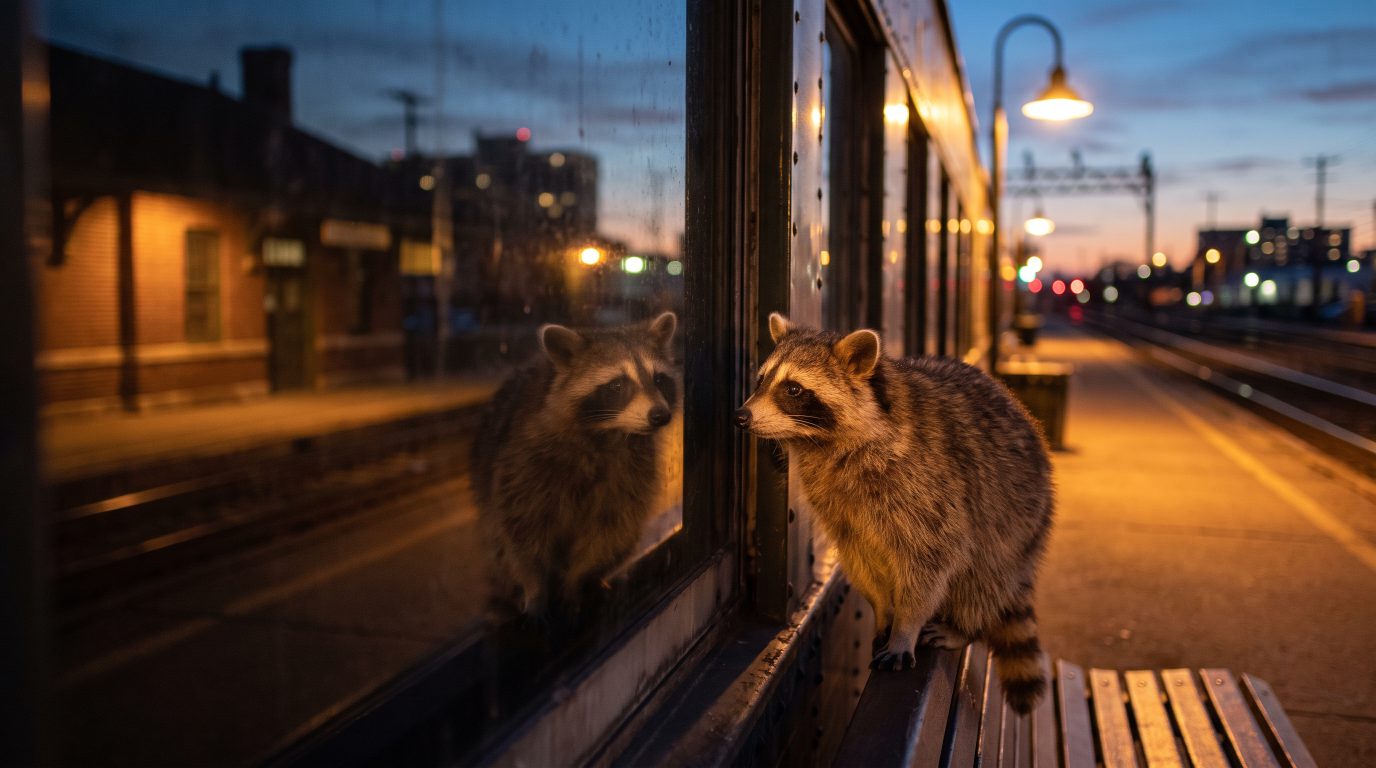 Waschb&auml;r steigt in den Zug, der schon da ist