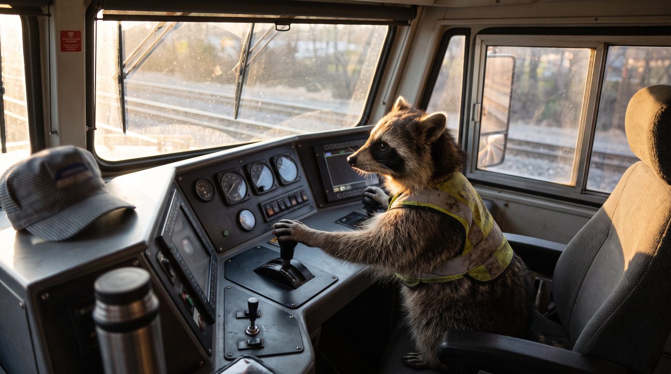 Waschb&auml;r im F&uuml;hrerstand einer Lok