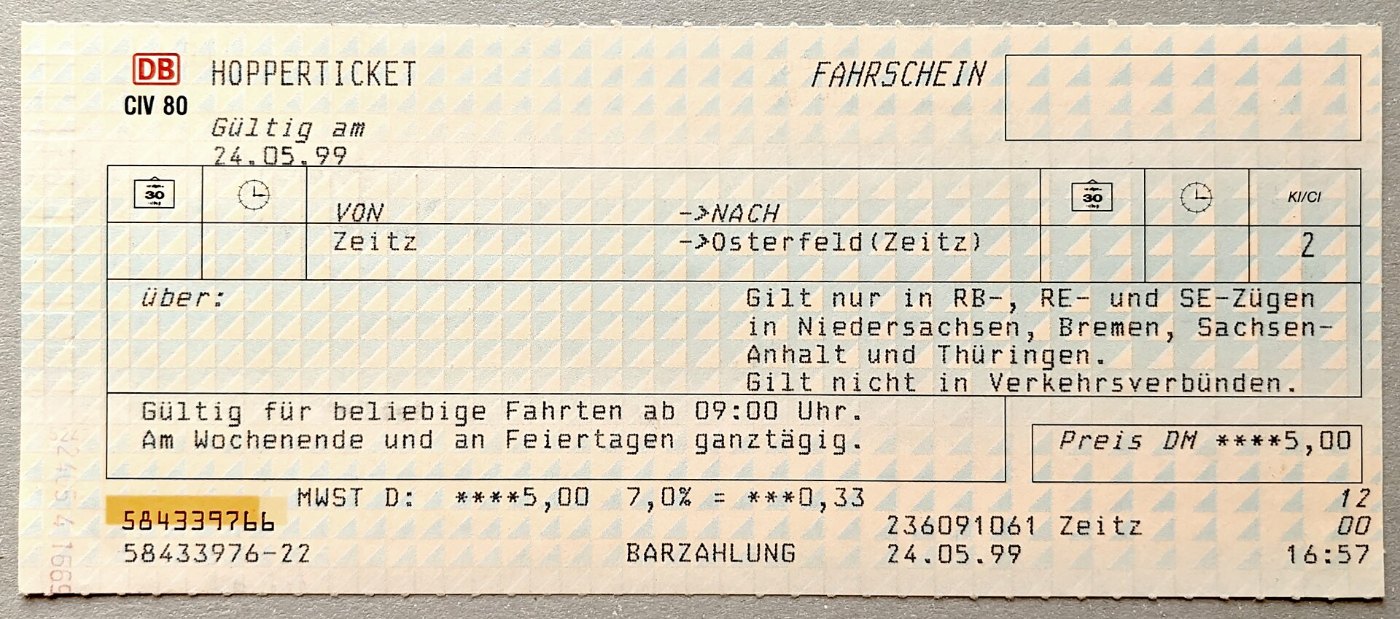 Fahrschein Zeitz–Osterfeld 1999 05 24