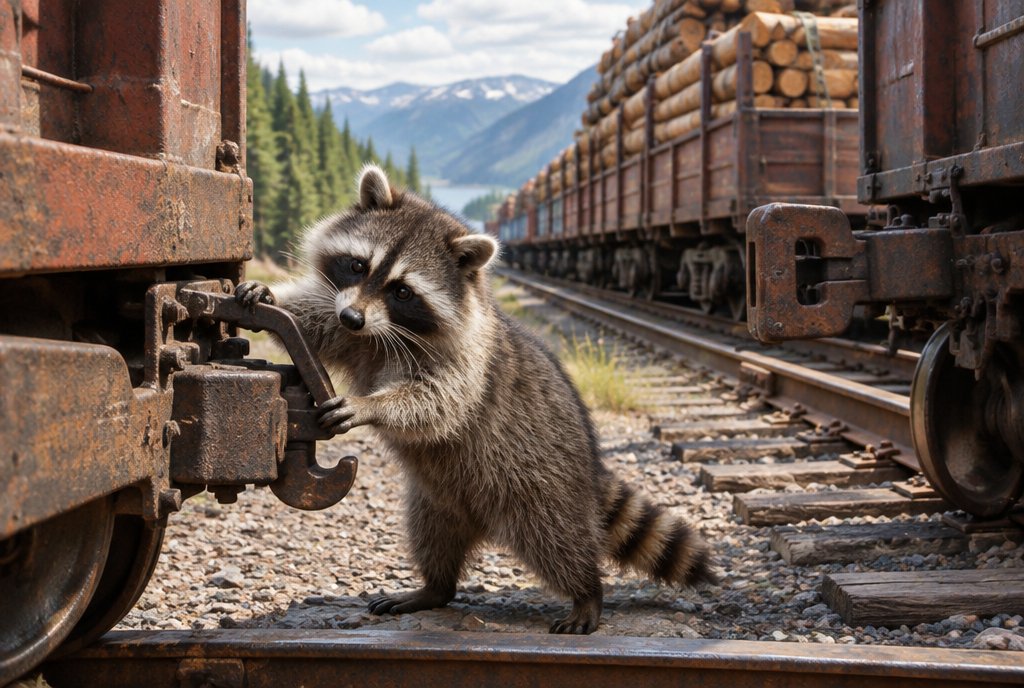 Waschbär koppelt ruhig einen Waggon vom Zug ab