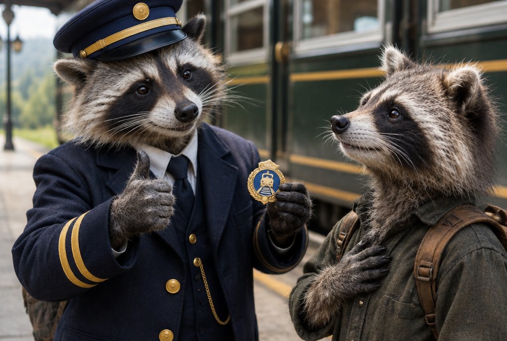 Schaffner-Waschbär gibt einem anderen Daumen hoch und ein Abzeichen