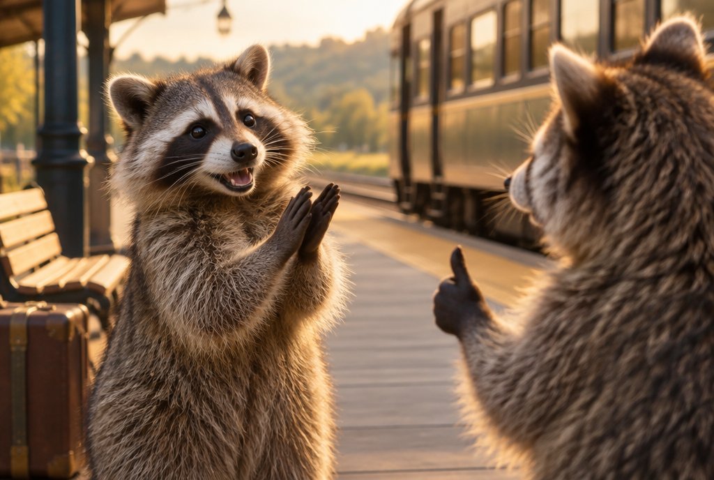 Waschbär applaudiert einem anderen auf dem Bahnsteig