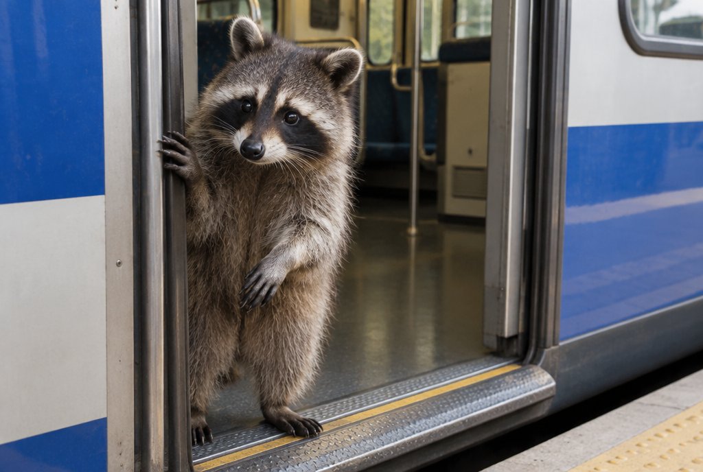 Waschbär halb in der Zugtür, unentschlossen