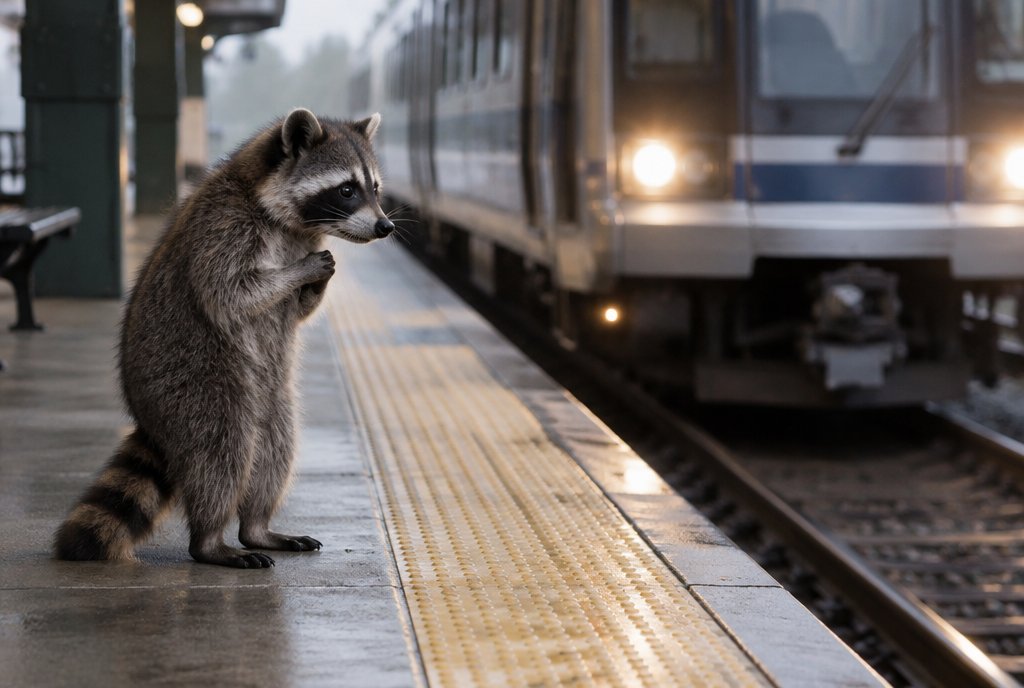 Waschbär zögert am Bahnsteig vor dem einfahrenden Zug