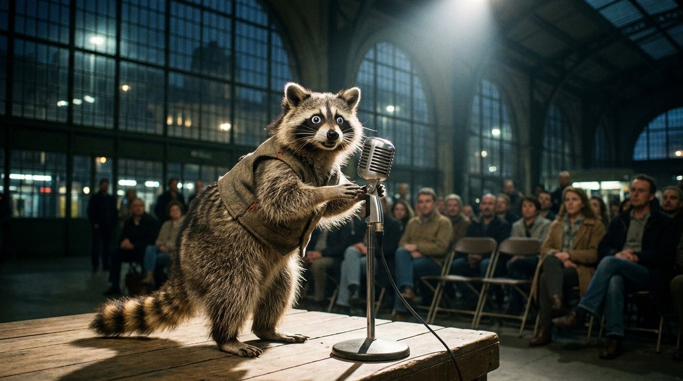 Ein Waschbär steht am Mikrofon und schaut mit großen Augen ins Leere, als wäre der Text weg