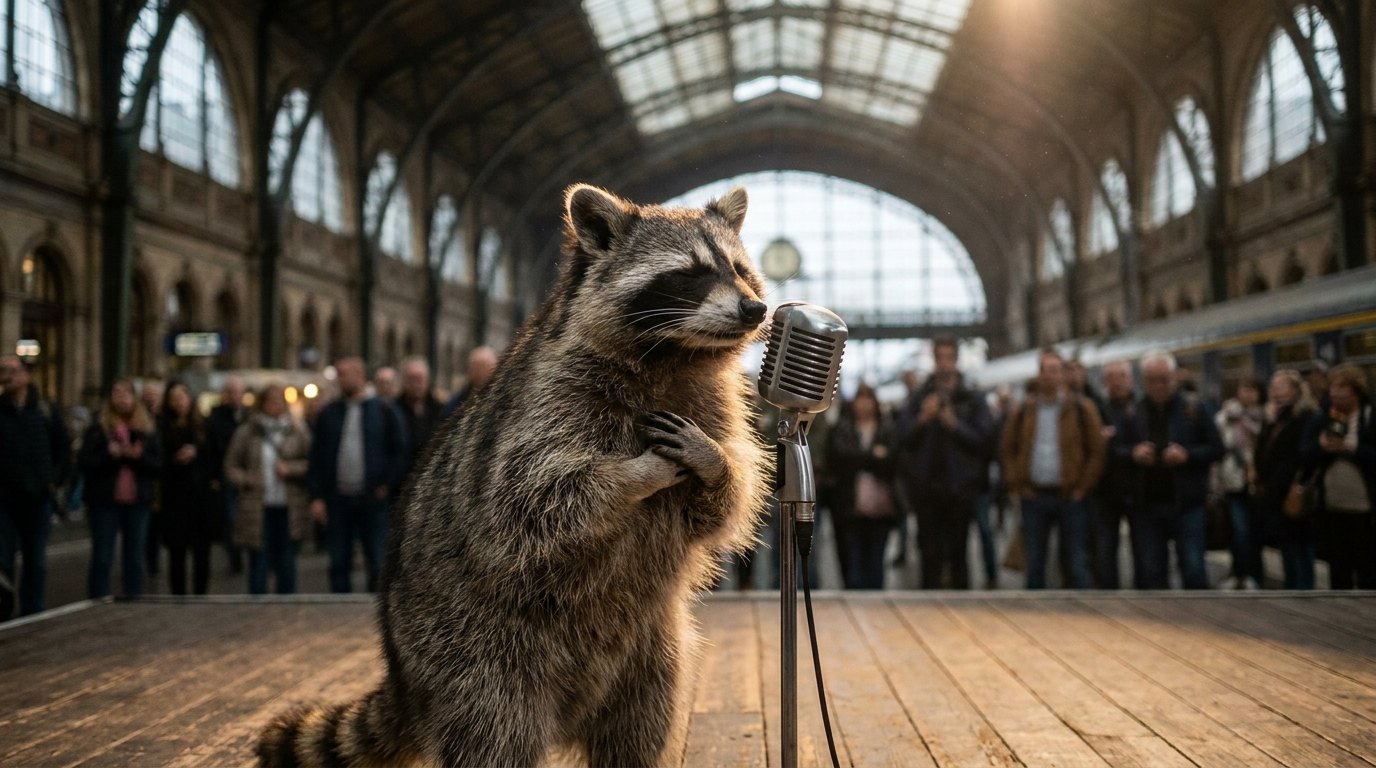 Ein Waschbär schließt am Mikrofon kurz die Augen und atmet ruhig durch