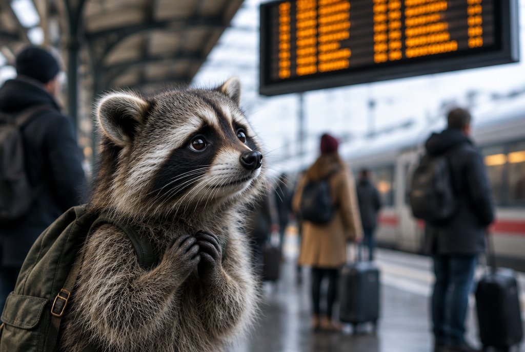 Waschbär starrt eifersüchtig auf die Anzeigetafel