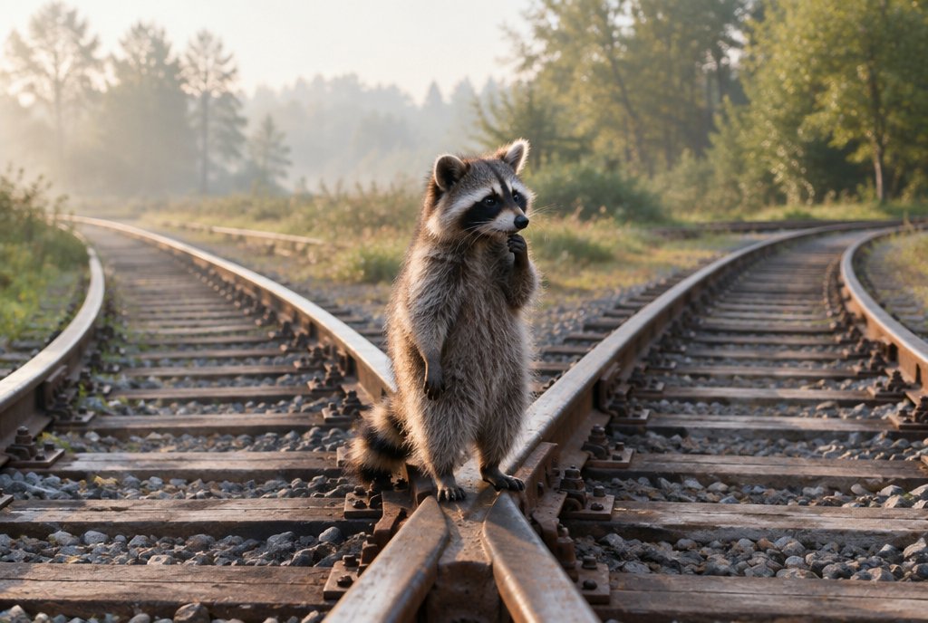 Waschbär steht an einer Gleisweiche und überlegt