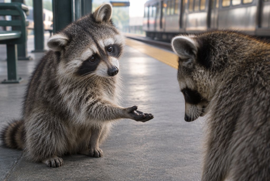 Waschbär reicht einem anderen die Pfote