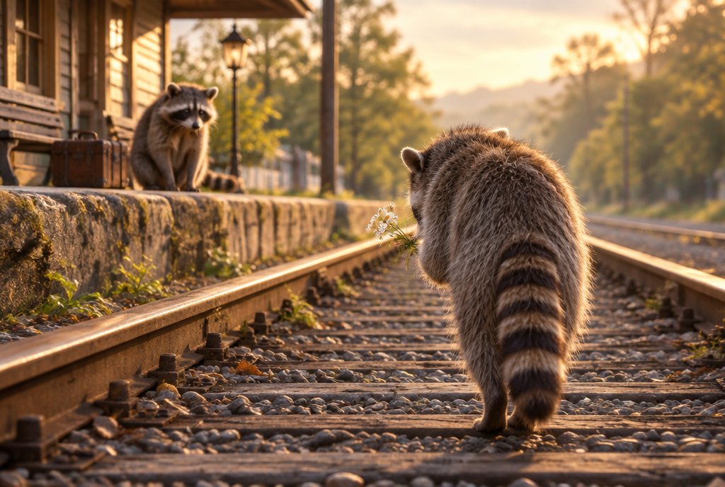 Waschbär geht auf dem Gleis zurück zu einem anderen
