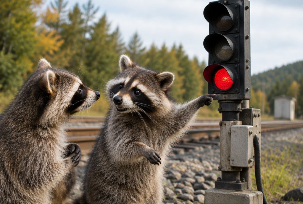 Waschbär erklärt einem anderen ein Signal