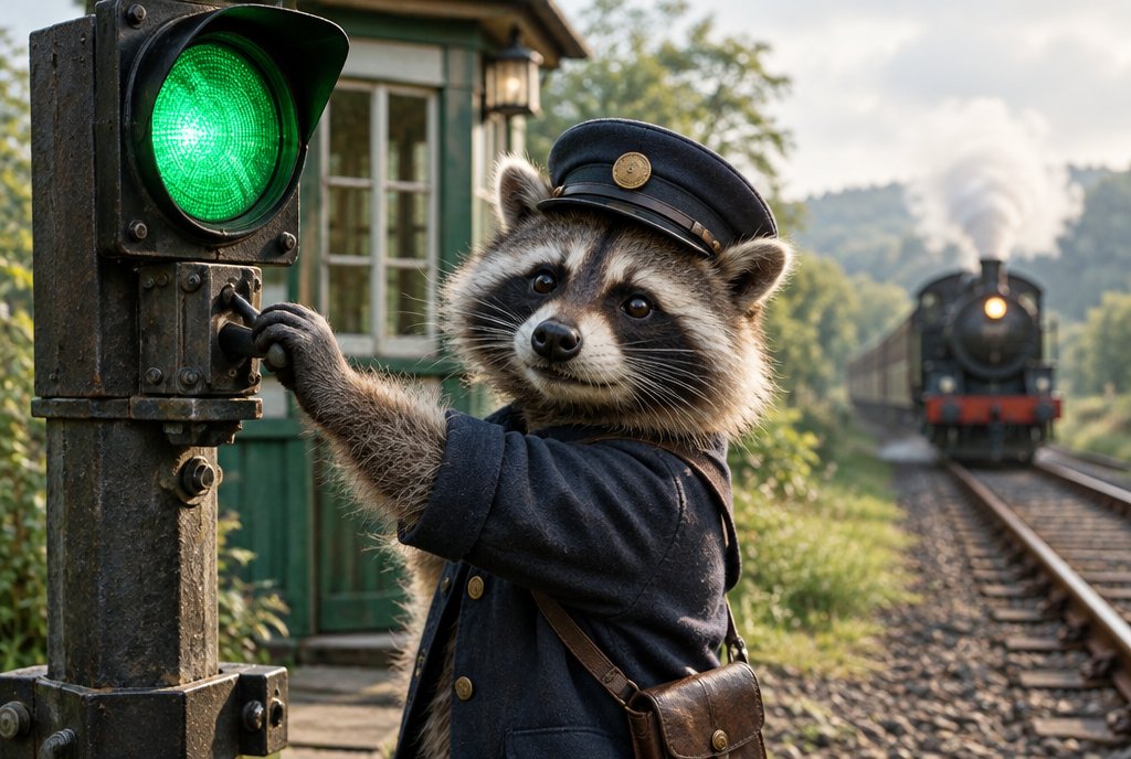 Waschbär stellt als Signalwärter ein klares Signal