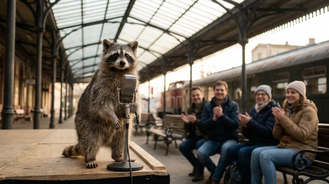 Ein Waschbär steht an einem offenen Mikrofon vor einem warmen, freundlichen Publikum