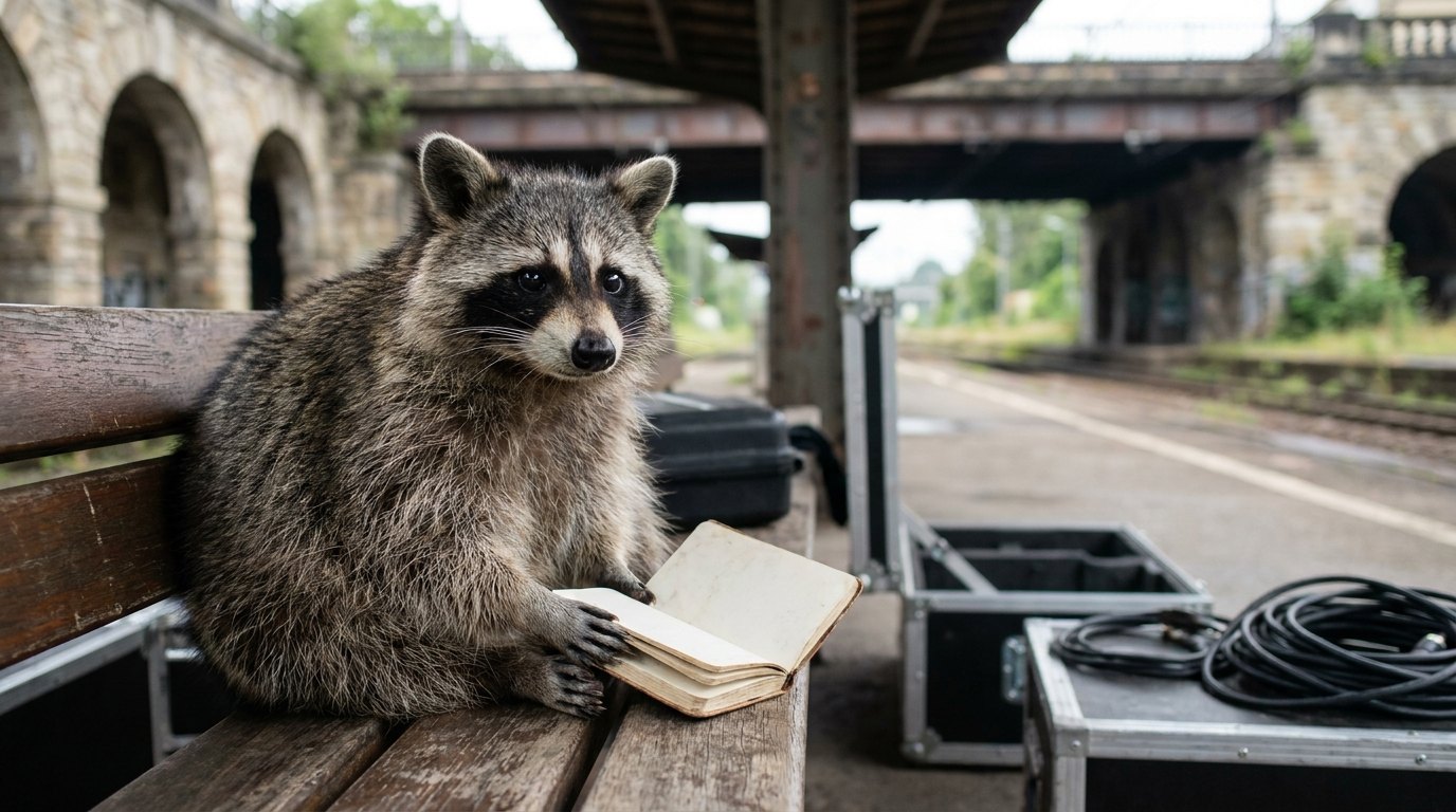 Ein Waschbär sitzt mit einem Notizbuch backstage und sammelt sich vor dem Auftritt