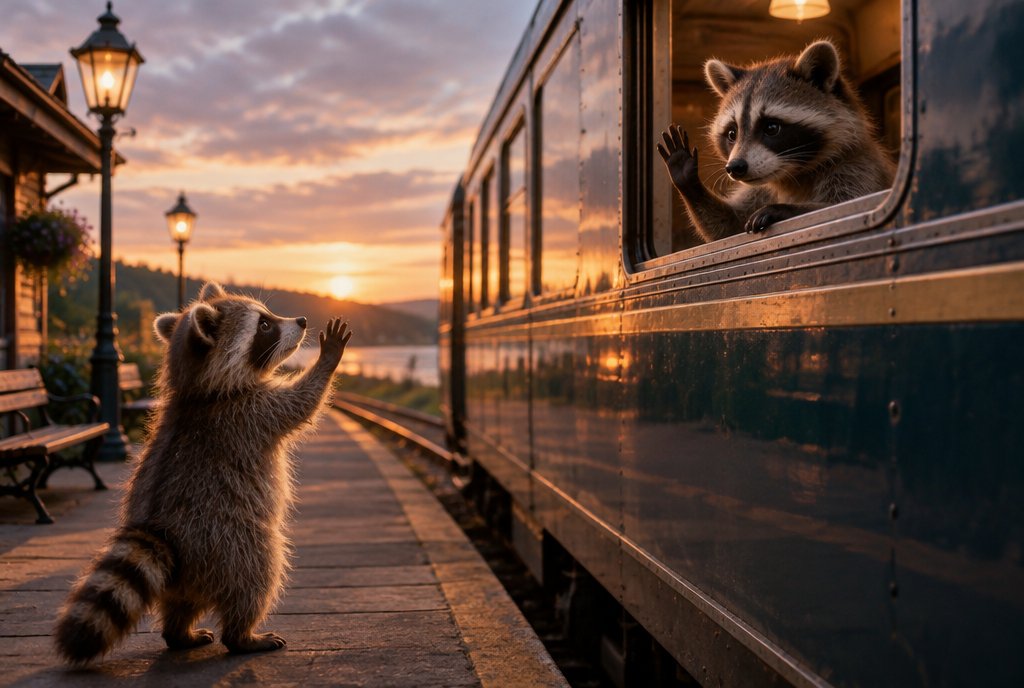 Waschbär winkt einem abfahrenden Zug nach