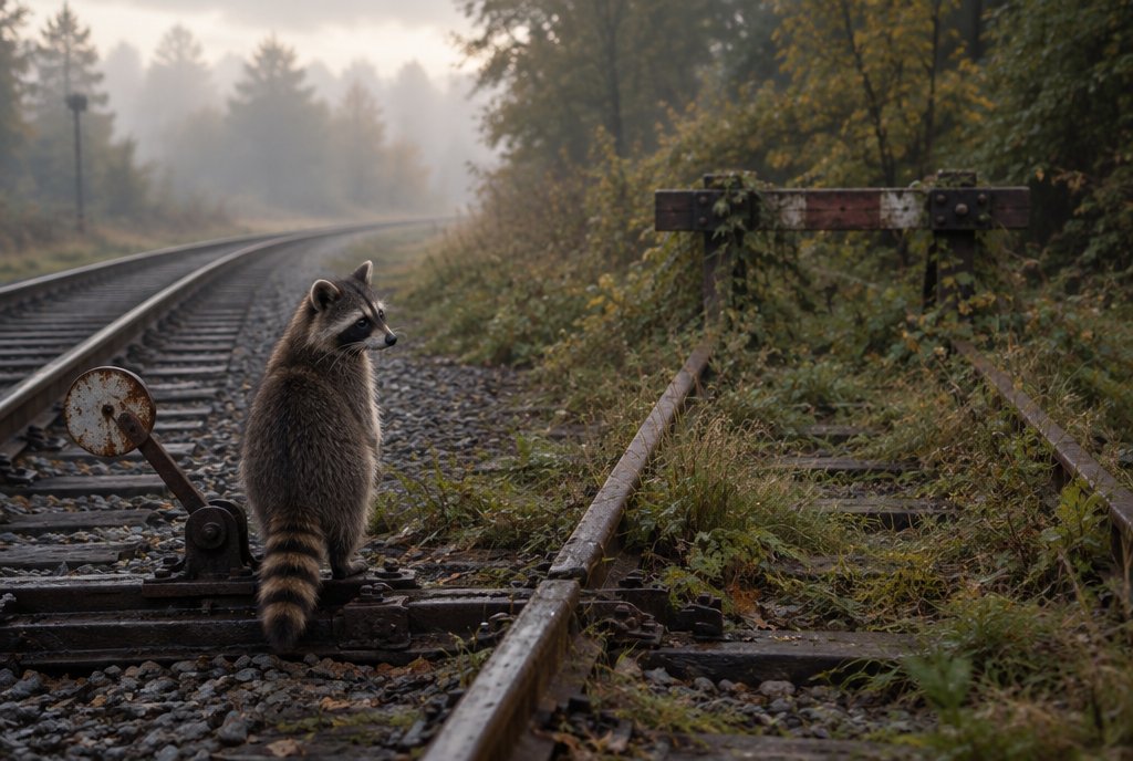 Waschbär an stillgelegter Weiche