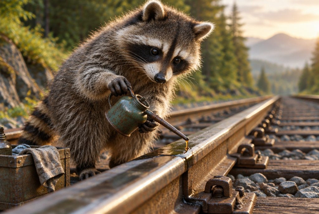 Waschbär ölt und pflegt das Gleis