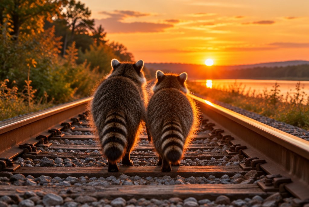 Zwei Waschbär-Freunde gehen bei Sonnenuntergang die Gleise entlang
