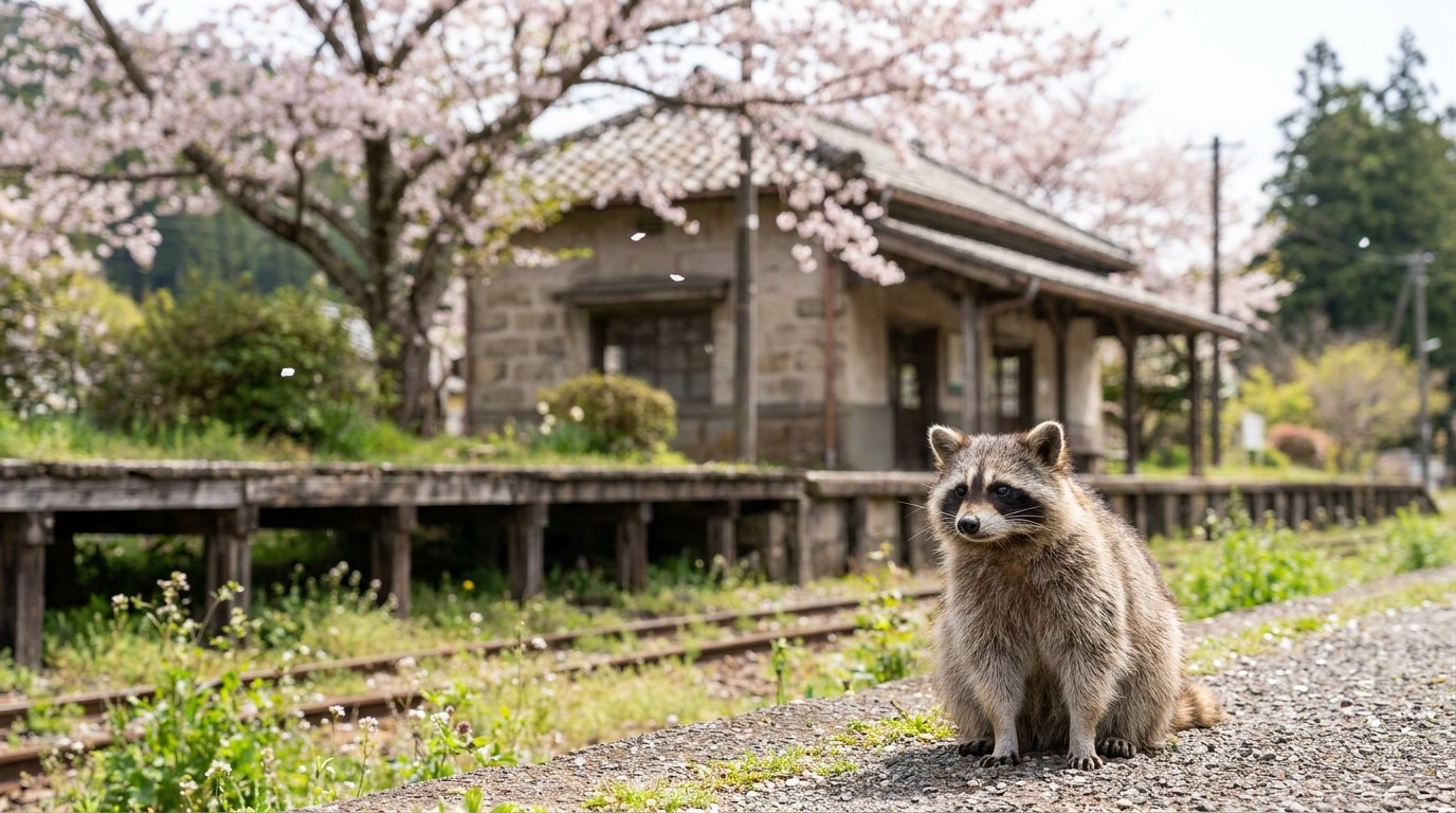 Ein Waschbär sitzt im Frühling unter einem blühenden Kirschbaum neben einem ländlichen Bahnsteig