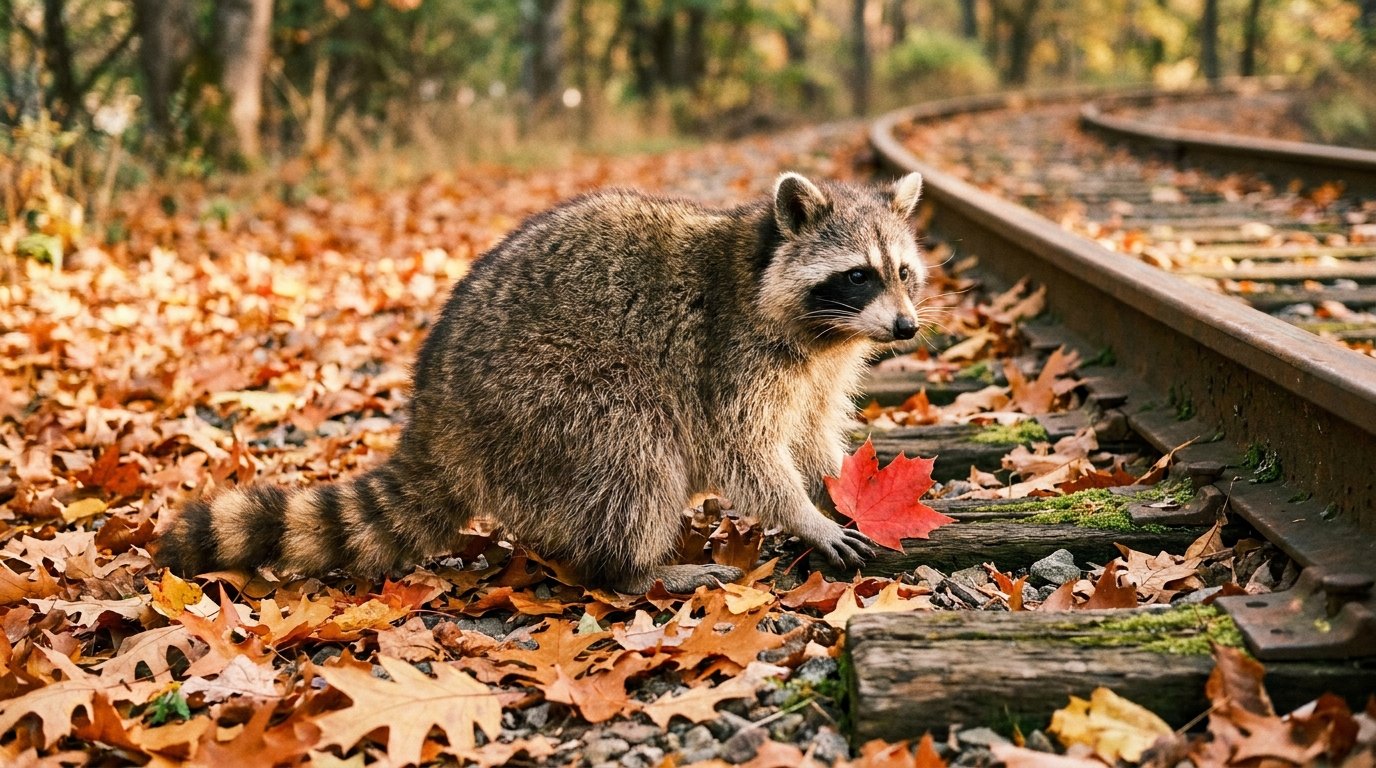 Ein Waschbär sitzt zwischen bunten Herbstblättern neben alten Bahngleisen