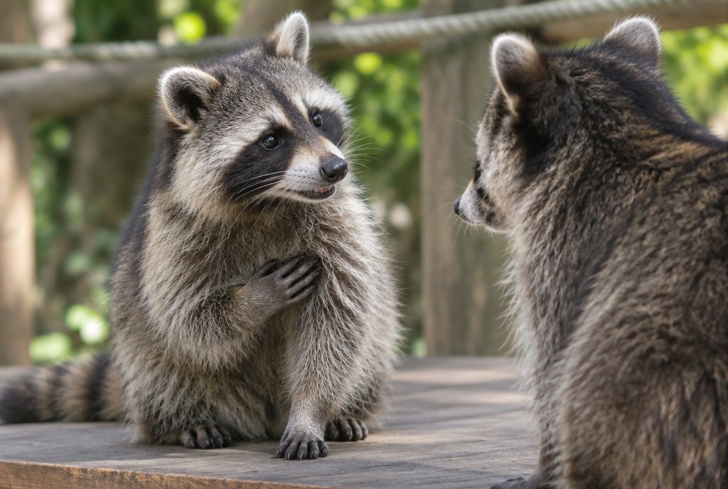 Waschbär mit Pfote auf der Brust